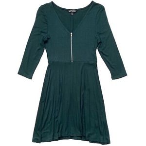 Express 3/4 sleeve zip front fit & flare dress, dark green, Small